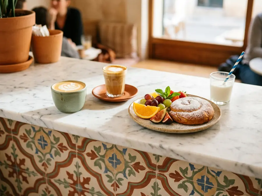 Coffee, an ensaïmada, fresh fruit and a glass of milk for a child on a marble counter above patterned tiles