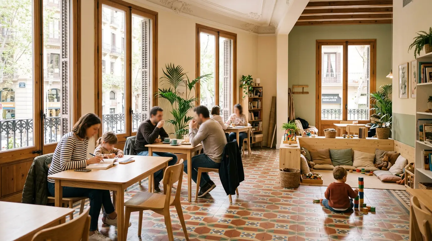 A sunlit Barcelona café with tiled floors where parents drink coffee while a toddler plays with blocks nearby