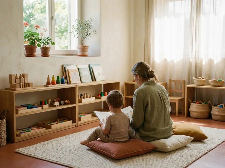 A caregiver reading a picture book with a toddler on floor cushions in a calm play room with wooden toys